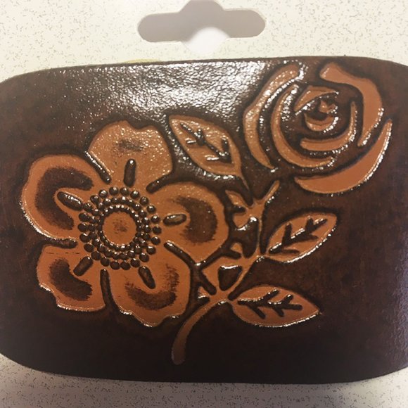 Vintage Leather-like Floral Barrette w/ Pin - Picture 2 of 3